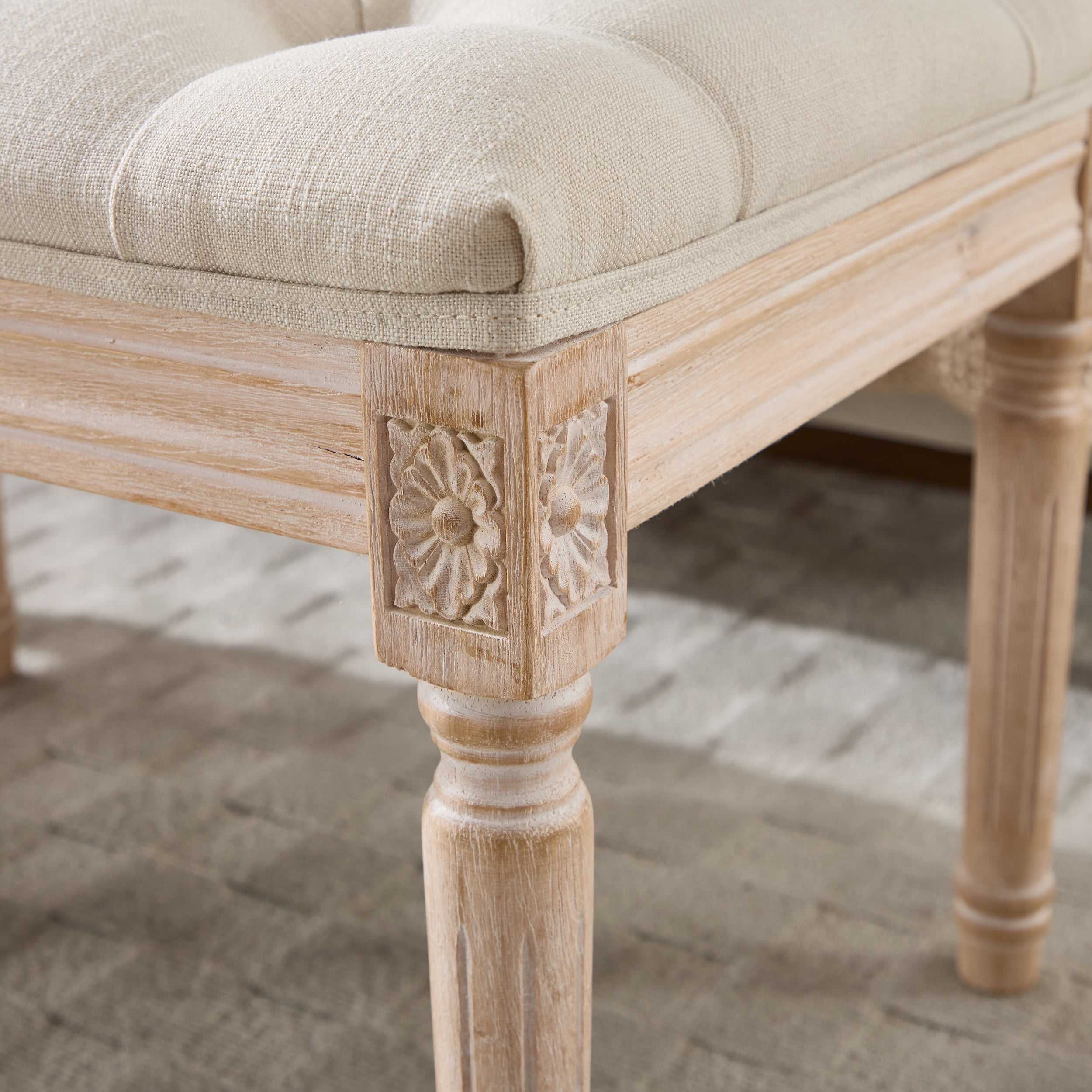 French Vintage Tufted Bedroom Bench with Carved Wood Legs, 47.2-Inch Linen Upholstered Ottoman for End of Bed and Living Room, Cream