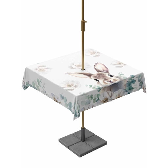 Easter Bunny Outdoor Tablecloth - 54x54 Inch Square Dining Table Cover, Eucalyptus Leaves Cute Rabbit White Flowers Waterproof Outdoor Table Cloth with Umbrella Hole & Zipper for Picnic/Patio/Party