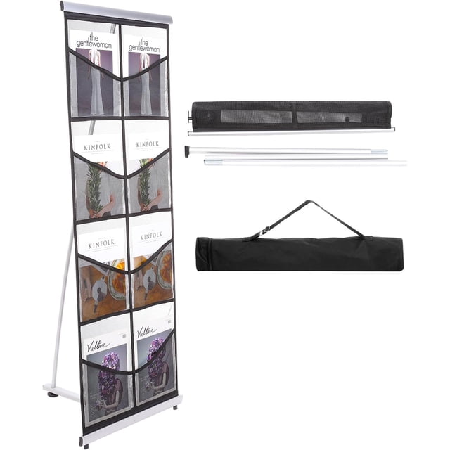 PATIKIL Portable Magazine Display Racks Floor Standing Double A4 8 Mesh Pockets Brochure Stand Catalog Literature Holder for Hotel, Exhibition, Office, Black
