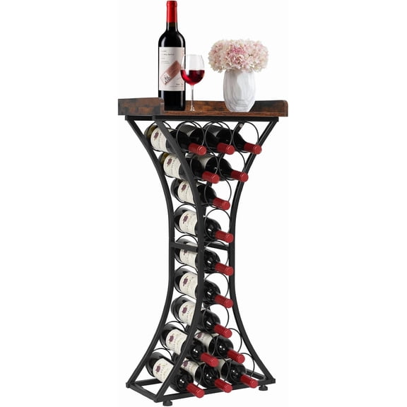 15 Bottle Wine Rack,Iron Freestanding Floor Wine Holder, Mini Bar Stand Liquor Cabinet with Wood Tabletop, for Home Bar,Kitchen,Living Room,Dining Room,16.9''L X 11.4''W X 35.2''H