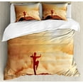 thumbnail image 1 of Kung Fu Duvet Cover Set Queen Size, Warm Tone Photo of Karate Posed Man on Mountains above Clouds at Sunrise Print, Decorative 3 Piece Bedding Set with 2 Pillow Shams, Multicolor, by Ambesonne, 1 of 3