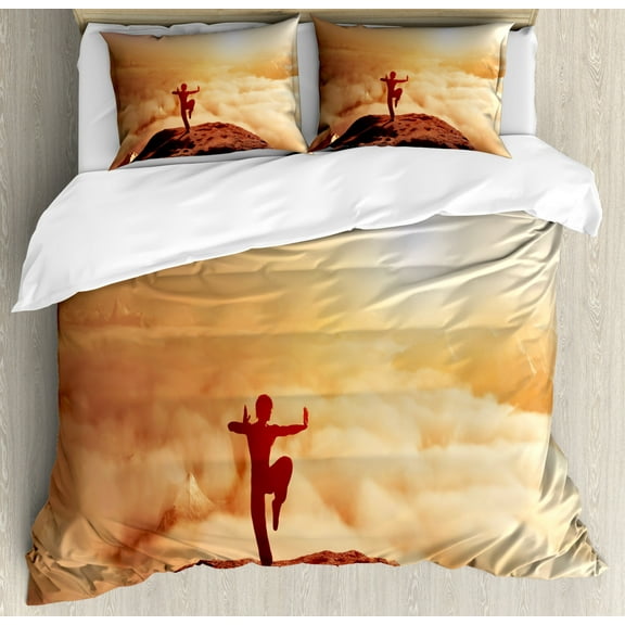 Kung Fu Duvet Cover Set Queen Size, Warm Tone Photo of Karate Posed Man on Mountains above Clouds at Sunrise Print, Decorative 3 Piece Bedding Set with 2 Pillow Shams, Multicolor, by Ambesonne