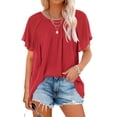 thumbnail image 1 of Camiseta de mujer con cuello redondo, ligera, transpirable, holgada, informal, fluida, arrugada, delantera, manga corta, camiseta para mujer de verano, rojo, XXL, 1 of 4