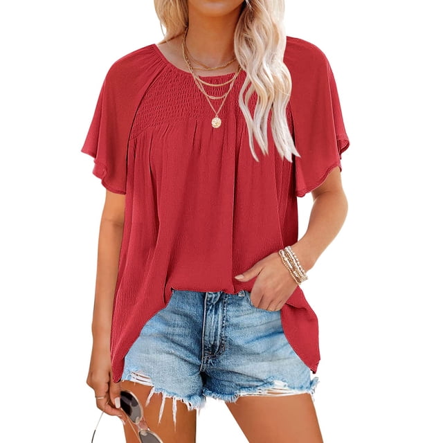 Camiseta de mujer con cuello redondo, ligera, transpirable, holgada, informal, fluida, arrugada, delantera, manga corta, camiseta para mujer de verano, rojo, XXL