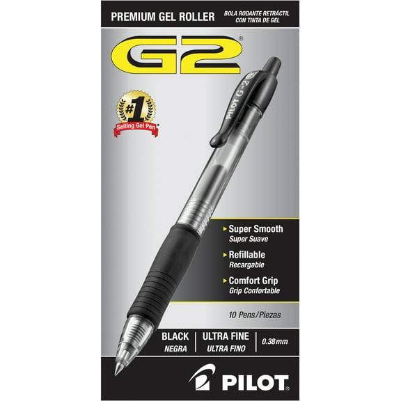 Pilot G2 Premium Retractable Gel Ink Pens, Ultra Fine Point, 0.38 mm, Black Ink, 10 Pack