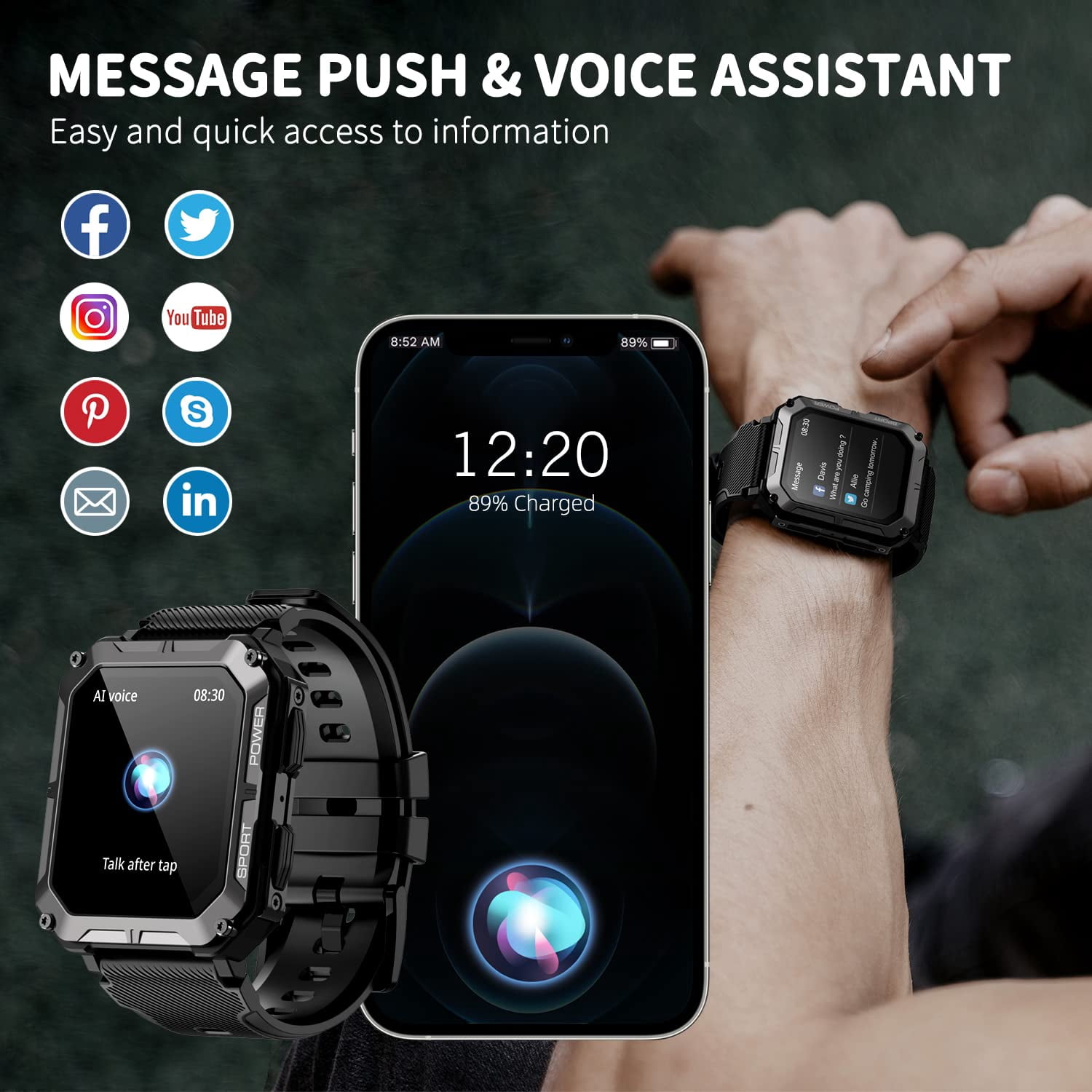 C20 PRO Military Smart Watches for Men IP68 Waterproof Rugged Bluetooth Call(Answer/Dial Calls) 1.83'' Tactical Fitness Watch Tracker for Android iOS Outdoor Sports(Black)