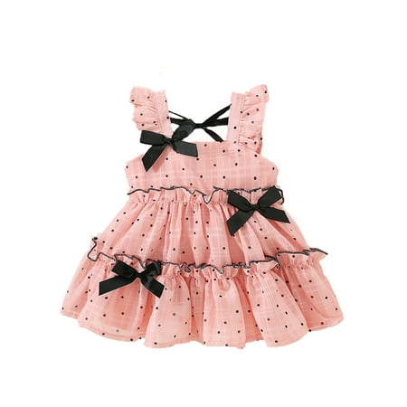 

Toddler Baby Girls Summer Tulle Ruffle Dress Sleeveless Bow Decor Dots Print Princess Sundress
