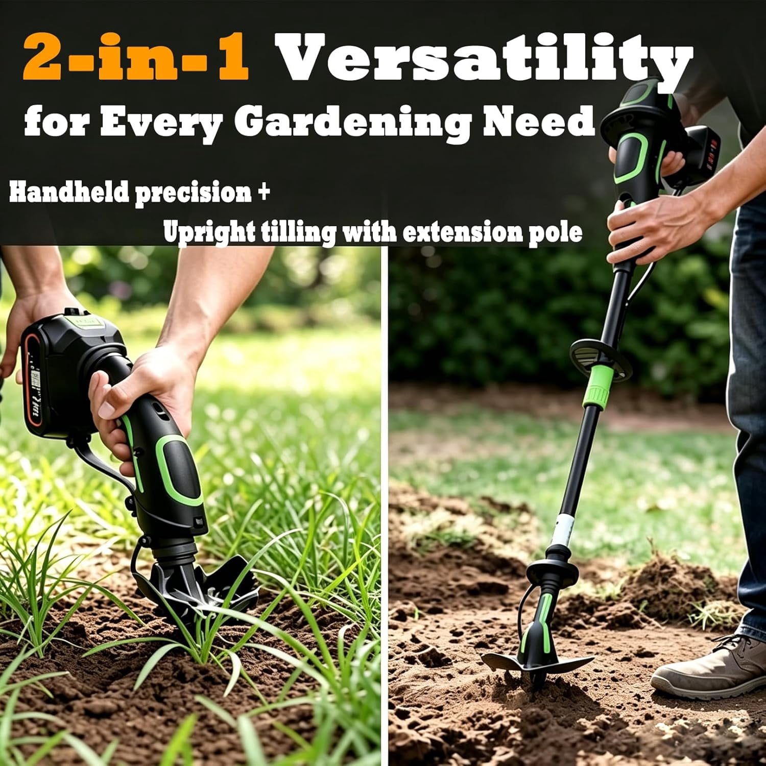 Rechargeable Cordless Tiller Cultivator with Extension Pole