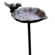Country-Style, Leaf with Bird, Garden Stake Bird Bath, Cast Iron, 3 Feet 2 ½ Inches Tall