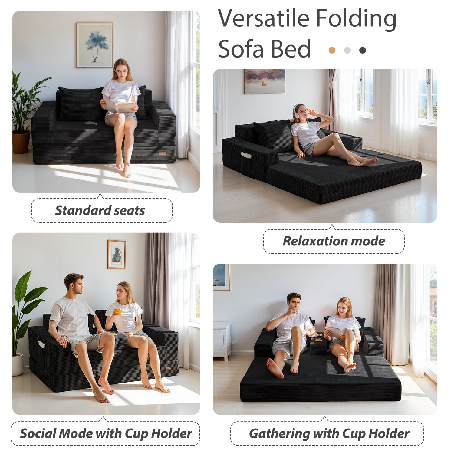 BYBYME Convertible Sofa Bed,Folding Lounger 4-in-1 Boneless Sofa with 2 Pillows and Cup Holder,Floor Sofa for Small Spaces Such as Living Rooms,No Assembly Required,Loveseat,Black
