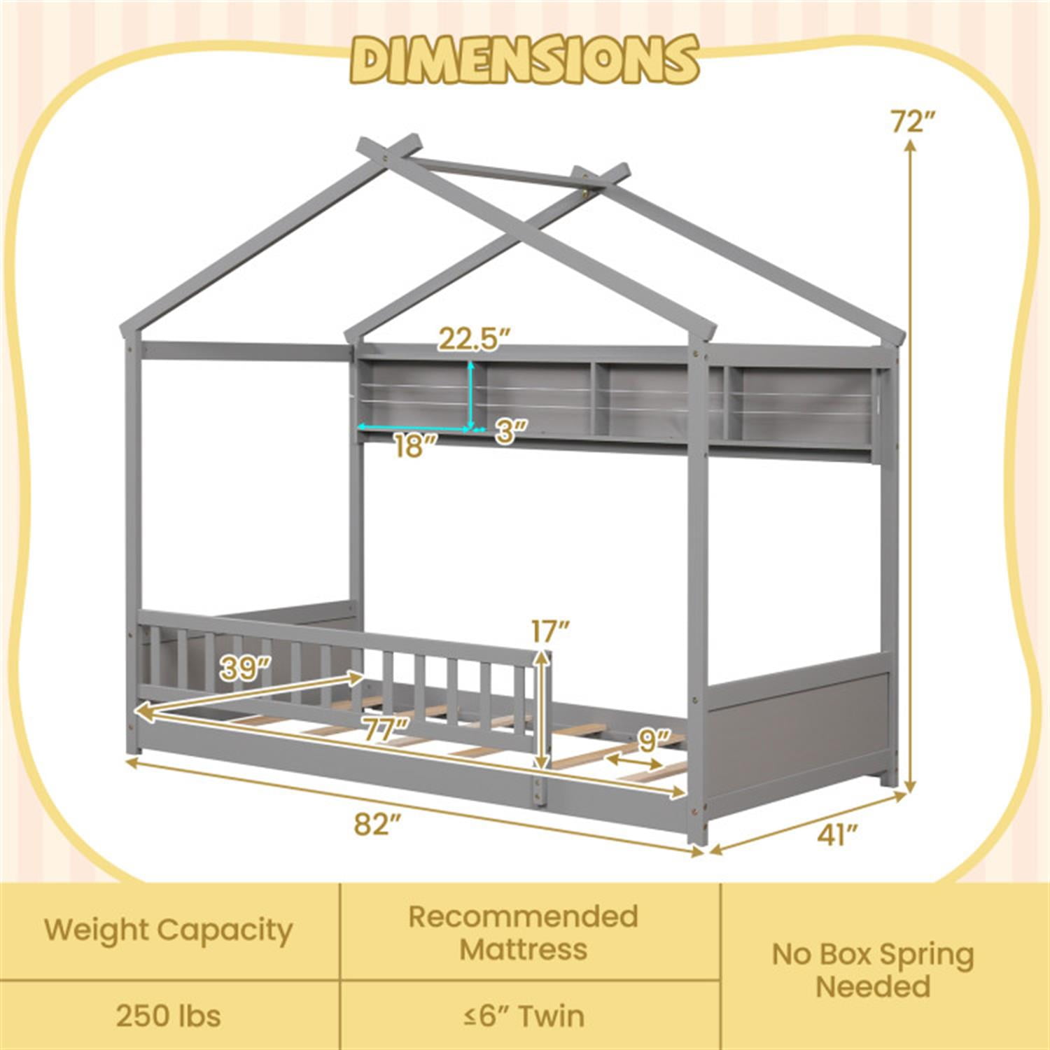 Demi Bonn Twin Size House Bed Frame with Storage Shelf and Headboard, Wooden Floor Bed Frame with Fence and Roof for Bedroom, Gray