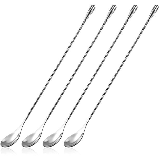 Cuchara de cóctel de acero inoxidable Cuchara de mango largo Cuchara mezcladora en espiral Mezclador de cóctel profesional 30 cm 4 piezas (Plata)