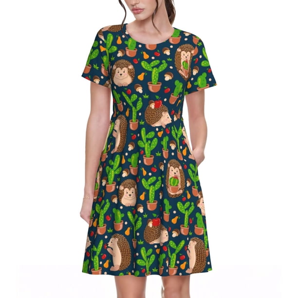 Balery Cute Hedgehogs Cactus Blue Vestidos sueltos de manga corta para mujer, vestidos de verano 2025, vestidos casuales de corte A con vuelo.