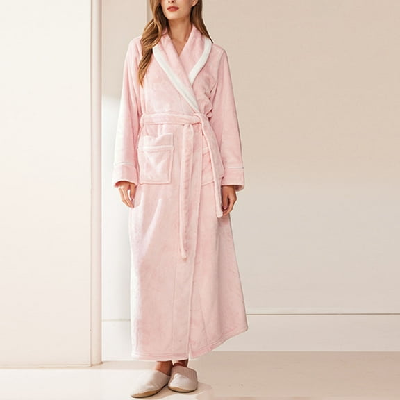Fleece Robes for Women and Men Soft Cozy Full Length Bathrobe Winter Warm Thermal Nightgown Home Wear with Pockets New Nightgowns for Women Plus Size Pinky XL