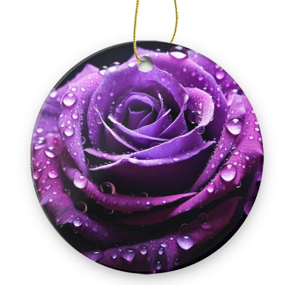 Purple Rose With Water Droplets on Petals - Christmas Ornament Xmas Keepsake Ceramic Ornaments Holiday Decorations for Tree Christmas Gift Ideas 2.95in