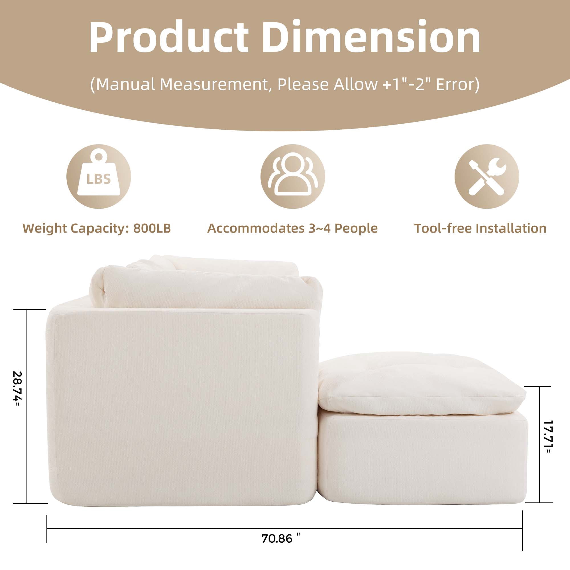 106.29" Sectional Sofa, 3 Seater Modular Sectional Floor Sofa with Ottoman, Chenille Cloud Couch for Living Room, Deep Seat Sofa, Beige