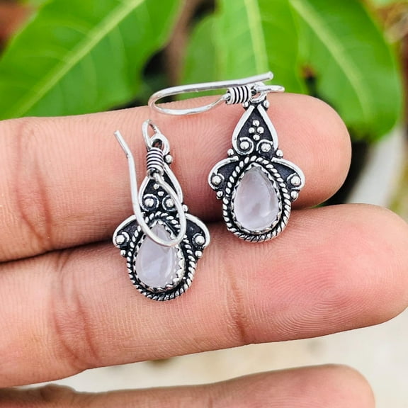 Handmade Rose Quartz Earrings | Sterling Silver Boho Drop Earrings for Women | Vintage Style Gemstone Jewelry | Bohemian Statement Gift