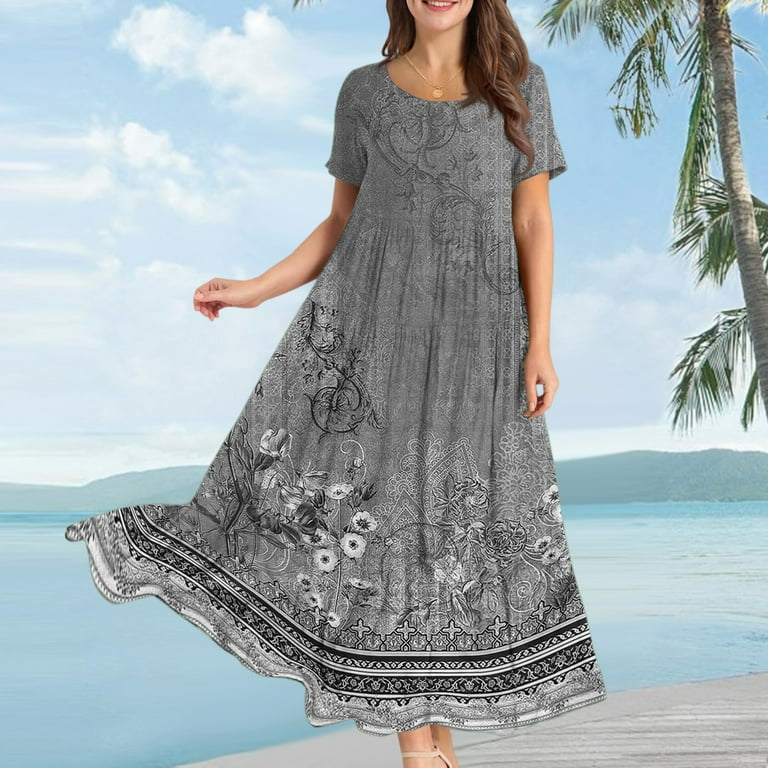 WTOBBY Women Casual Loose Bohemian Floral Dress Short Sleeve Long Maxi  Summer Beach Swing Dress, Flowy for Vacation and Boho Chic,Dark Gray 2XL -  Walmart.com