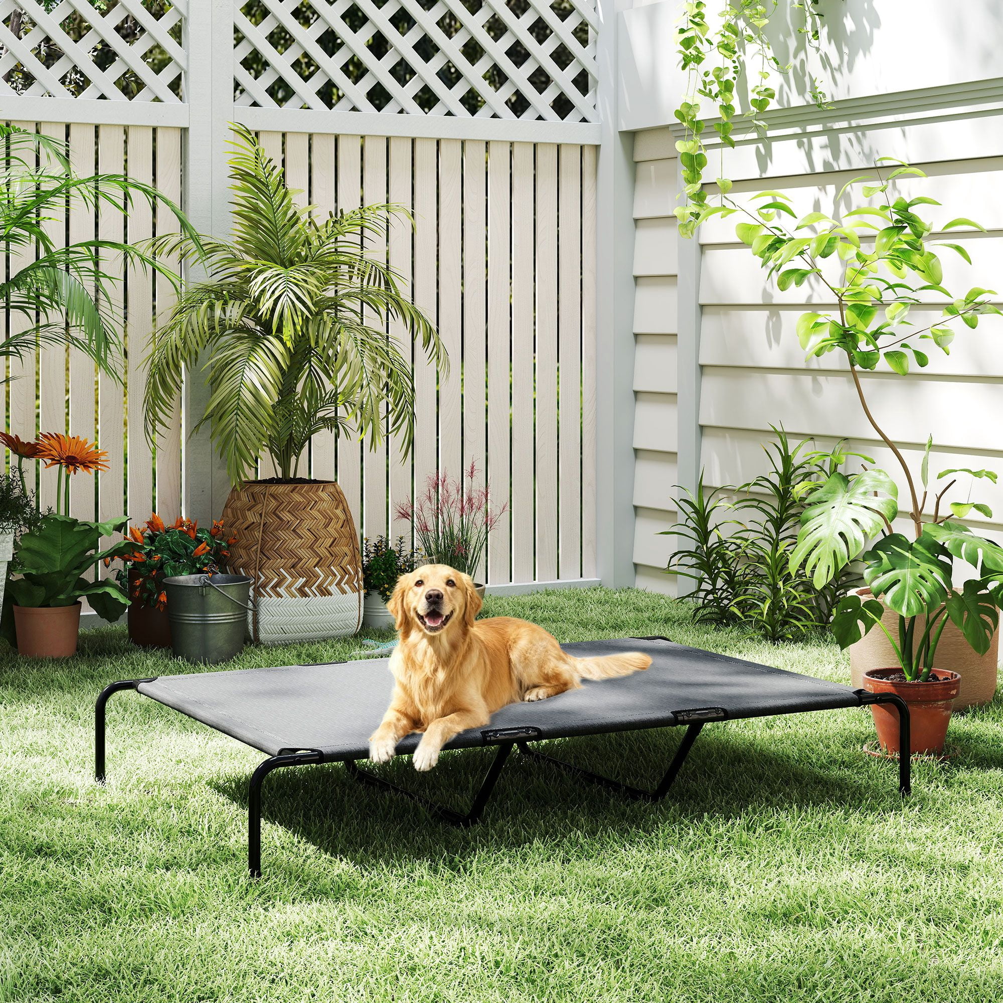 Elevated Dog Bed for Large Breeds 60" Raised Pet Cot with Breathable Teslin Mesh 149 LBS Capacity Indoor Outdoor Cooling Dog Bed Gray