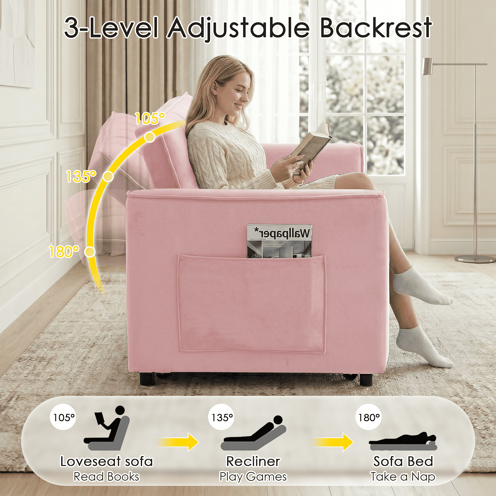 Amuille 3 in 1 Convertible Sleeper Sofa Bed, 54" Velvet Fabric Loveseat, Pull Out Couch for Living Room and Apartment (Pink)