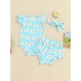 thumbnail image 4 of Suealasg Newborn Girls Outfits Fly Sleeve Flower Print Romper Tops Shorts Hairband Sets 3M 6M 9M 12M 18M Baby Girls 3Pcs Summer Clothes, 4 of 9