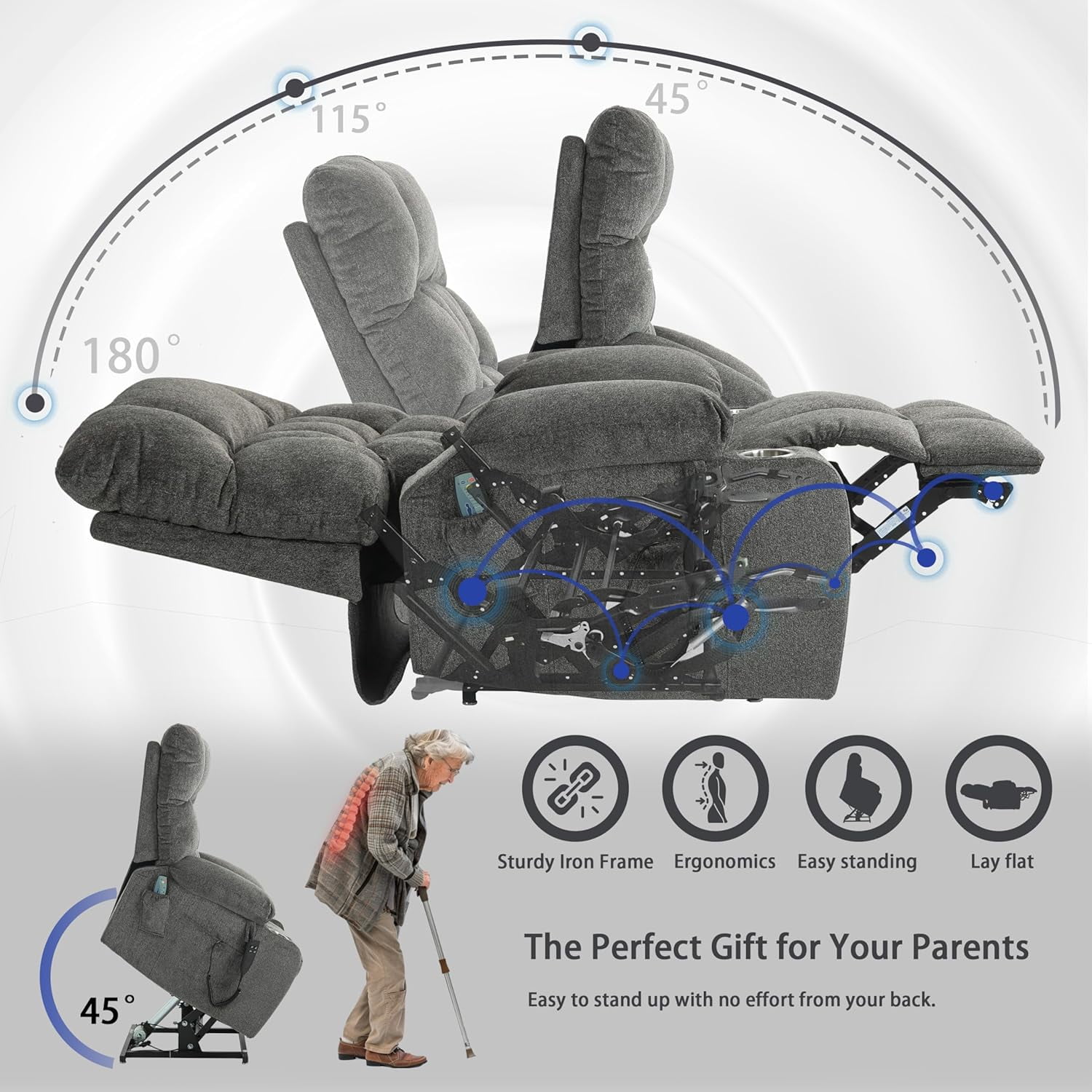 REHOUSING Adult Chenille Living Room Power Lift and Massage Heat Recliners with Cup Holders and Side Pockets, Gray