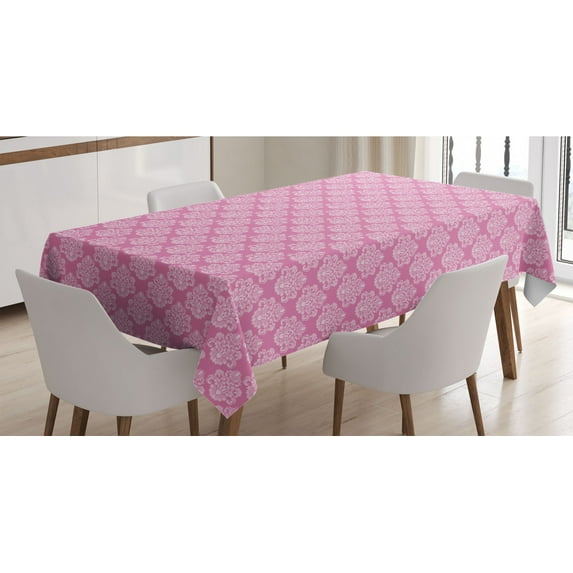 Damask Tablecloth, Flora Design with Middle Eastern Motifs Flowers Leaves Swirls Vintage Inspirations, Rectangle Satin Table Cover for Dining Room and Kitchen, 60" X 84", Pink White, by Ambesonne