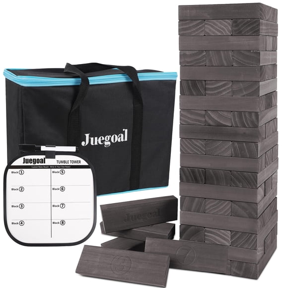 Juegoal Tour Géante à Chute de 54 Pcs Grise pour Adultes, Enfants et Famille, Jeu d'Empilage de Blocs en Bois avec Plateau de Jeu et Sac en Toile, Jeux Extérieurs pour Cour Arrière la
