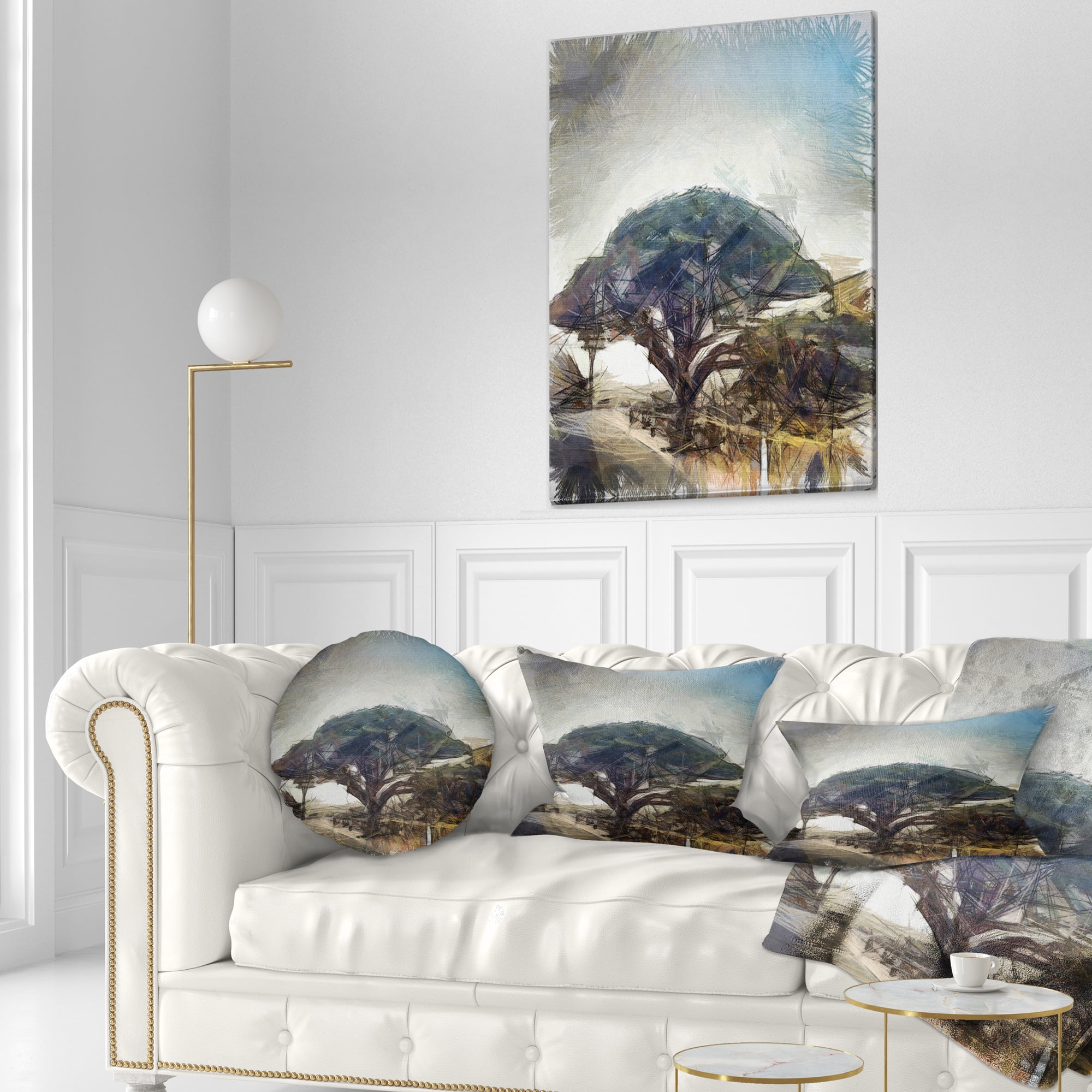 Designart Lonely Oak Tree Watercolor Sketch - Landscape Printed Throw Pillow - 12x20