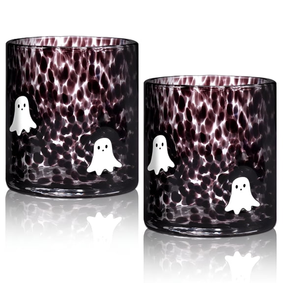 ACDANC 2 Pcs 14 Oz Halloween Glass Cups,Hand Blown Drinking Cups with Cute Spooky Ghost Patterns,Black Dot Decoration for Halloween Party Gift Set