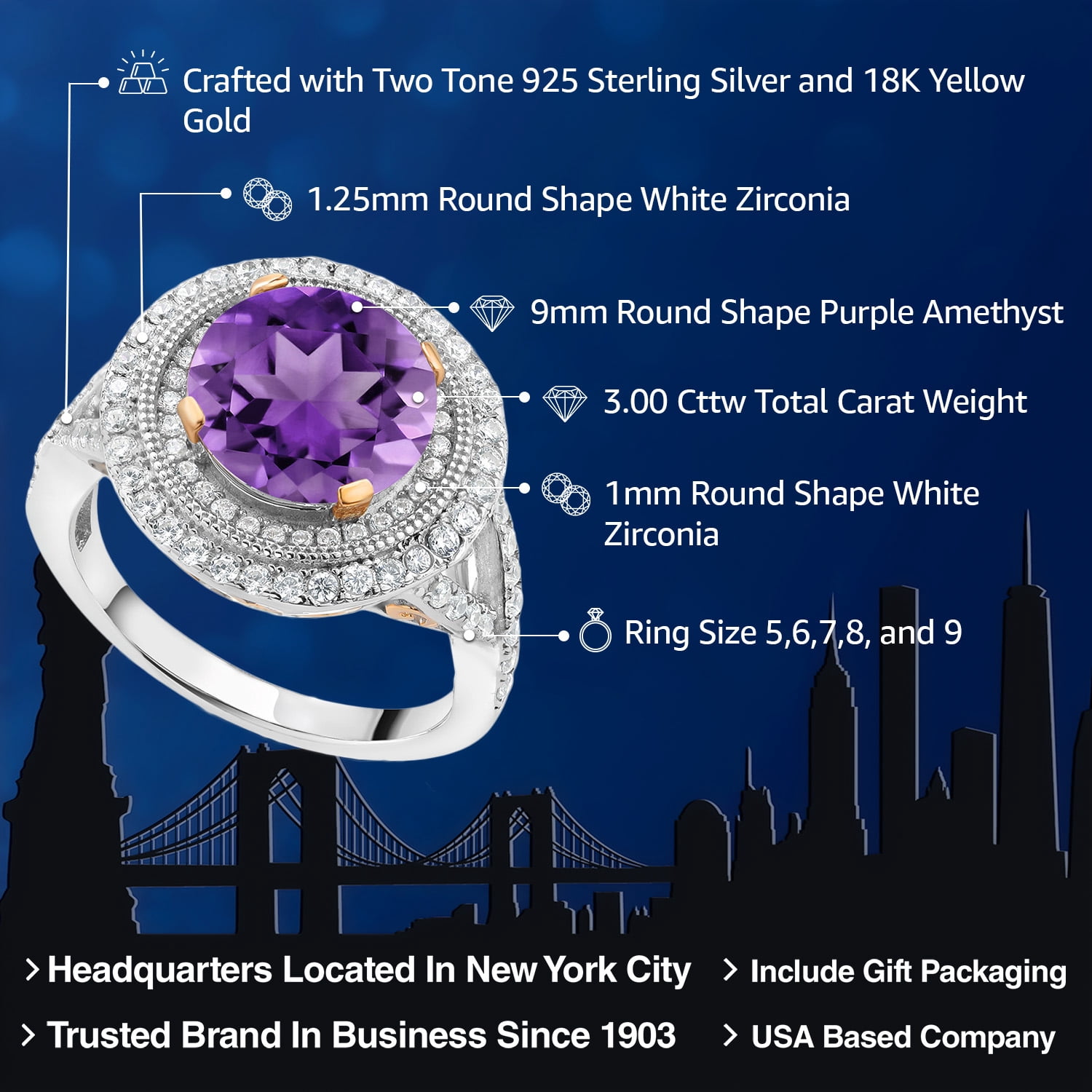 Gem Stone King 18K Two-Tone Sterling Silver Round Purple Amethyst Ring for Women | 3.00 Cttw | Gemstone Birthstone | Wedding Engagement Anniversary Promise Ring for Women | Siez 5