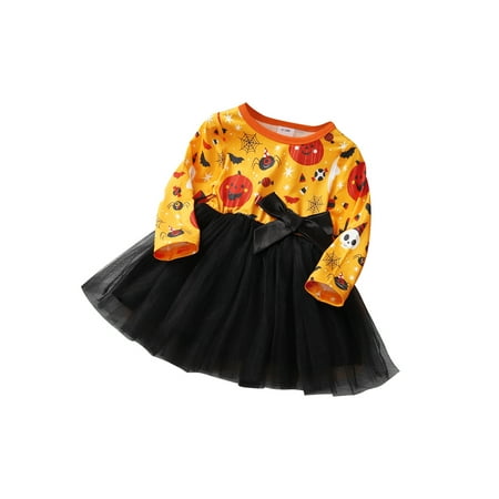 

Suanret Infant Baby Girls Halloween Dress Long Sleeve Round Neck Cartoon Cat Bat Ghost Print Layered Mesh Tutu Skirt Black 3-6 Months