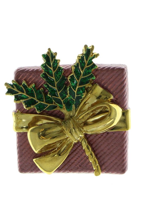 Christmas Present Brooch-Pin Gold-Tone/Pink