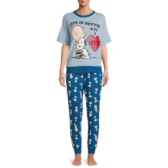 Peanuts Short Sleeve Round Neck Printed Pajamas (Women's) 2 Piece Set