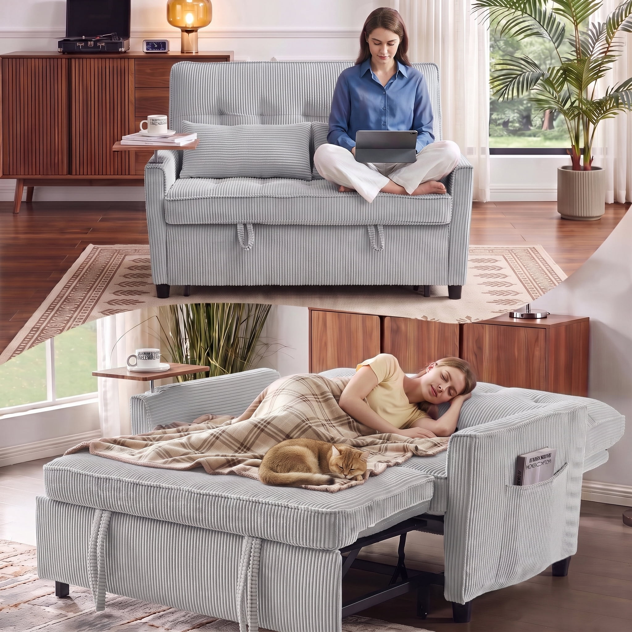 avobird 54'' 3 in 1 Pull Out Sofa Bed, Convertible Couch with Adjustable Backrest/Side Pockets/USB Charging Ports, Sleeper Sofa with small table for Living Room, Light Gray