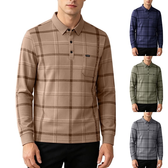 Mens Casual Striped Plaid Cotton Long Sleeve Collared T Shirt Golf Polo Shirts with Pocket Size 4XL Khaki