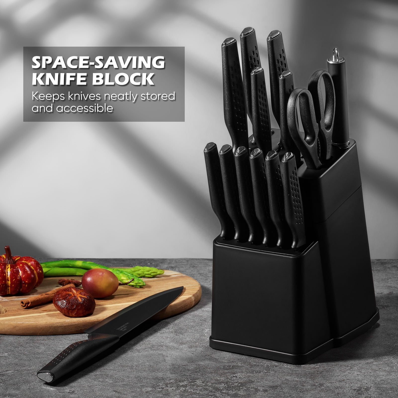 Vesteel Knife Block Set for Kitchen, 15-Piece High Carbon Stainless Steel Knives Set with Ergonomic Handle, Ultra-sharp & Rust Resistant, Black