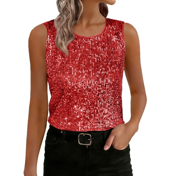 XFLWAM Womens Sequin Tank Top Crew Neck Sleeveless Glitter Shirts Casual Sparkle Shimmer Party Camisole Vest Streetwear