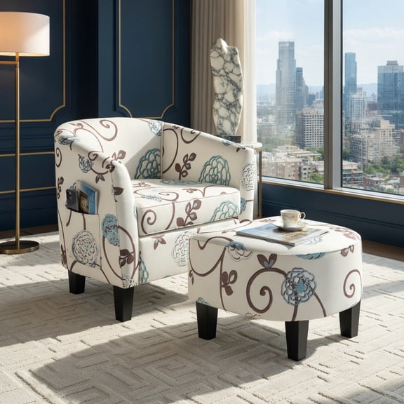 Barara King Accent Armchair, Single Sofa Chair, Modern Accent Tub Chair and Ottoman Set with Fabric Upholstered-Gray