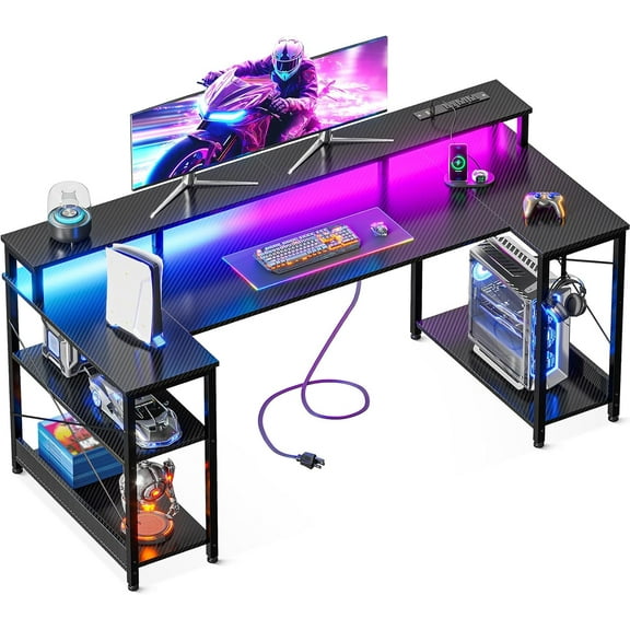 55 Inch Gaming Desk with LED Lights and Power Outlet, U-Shaped Computer Desk with Monitor Stand and Storage Shelves, PC Gamer Table for Home Office, Carbon Fiber Black