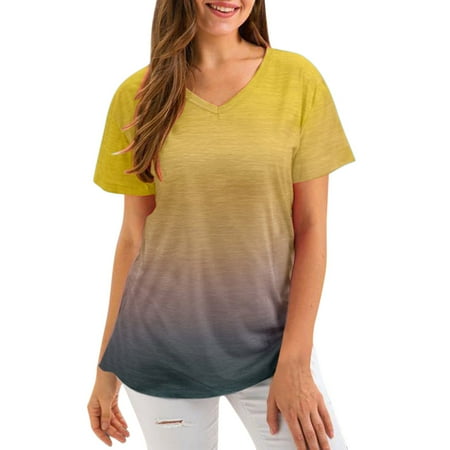 

Pianpianzi Wrap Front Blouses Women Polyester Christmas Pajamas Tight Fitting Workout Shirt Women Gradient V Neck Short Fashion Sleeve Slim Top