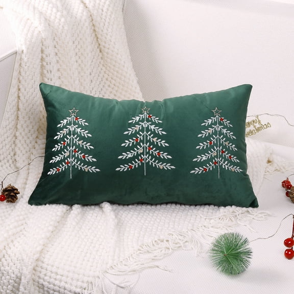 Zenithome Super Soft Christmas Tree Embroidered Pillowcase Cover with Invisible Zipper for Sofa Living Room Holiday Decoration