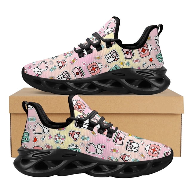 Zapatos de enfermería para trabajo hospitalario, ligeros, con cordones y amortiguación de malla, zapatillas para mujer con estampado de herramientas médicas en degradado, punta redonda, tenis de moda