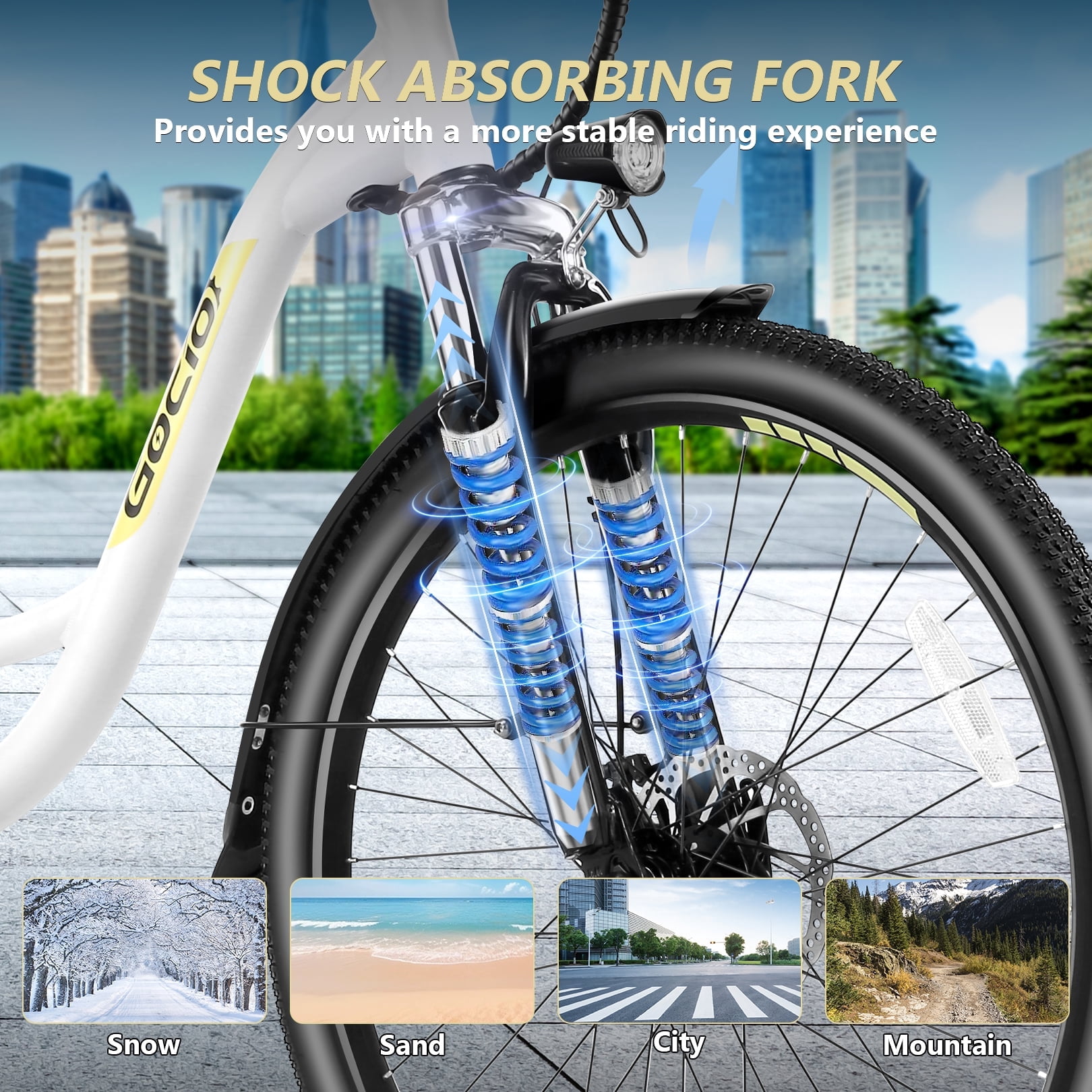 Gocio 26" Peak 700W Low Frame Electric Bike for Adults, Long-Lasting 48V 10.4Ah Battery, LCD Display, 5 Riding Modes, Headlight and Taillight, 7 Speeds Commuter Women Ebike, City Cruiser Ebike, White
