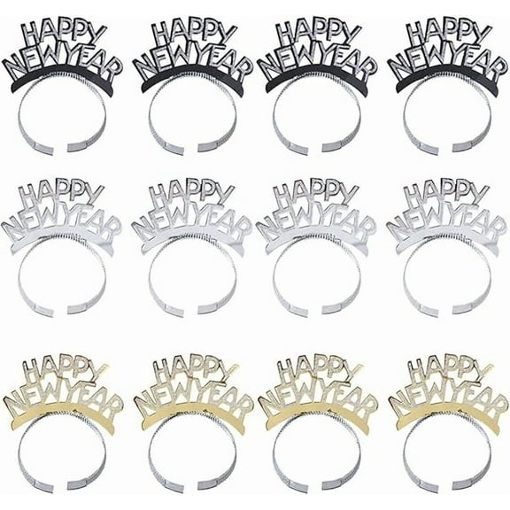 Jinswick Happy New Year Headband Tiara,New Years Party Favor,New Years Eve Party Decorations 12Pcs（A set of 3 Colors）