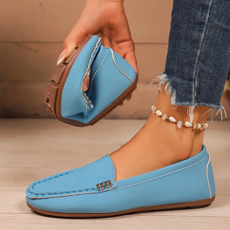 light blue dress shoes women's Hlysgo Comfortable Lightweight Penny Loafers Slip-Ons Cute Business Casual Work Office Flats Everyday Walking Shoes Driving Sky Court-Train