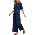 thumbnail image 6 of Chuancc Casual 2 Piece Outfit for Women - Linen Long Sleeve Shirt+Wide Leg Pants Sets Streetwear Dark blue L, 6 of 6