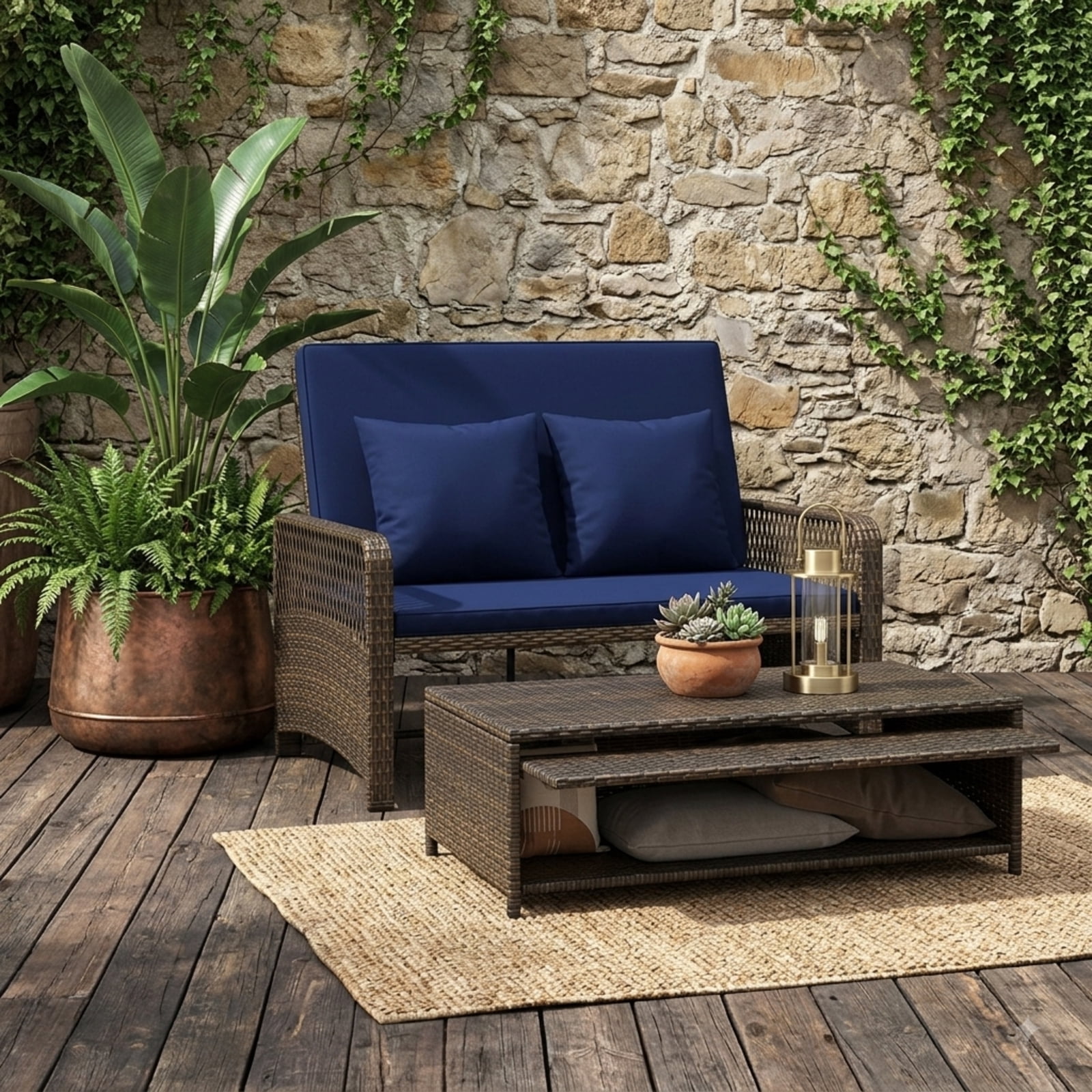 Furnibear Patio Wicker Daybed with 4-Level Backrest, Outdoor PE Rattan Loveseat Sofa & Ottoman Set with Cushions for Backyard Poolside, 800 LBS, Navy