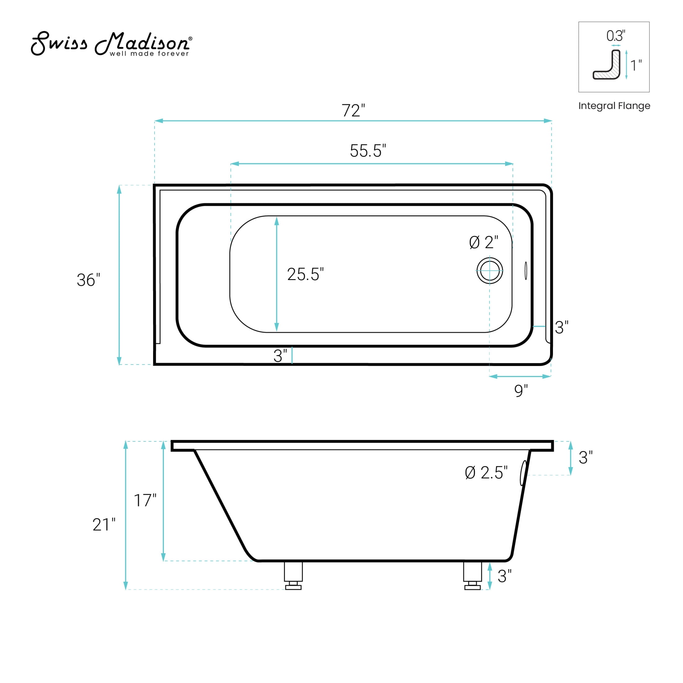 Voltaire 72 x 36 Right Drain Soaking Alcove Bathtub in Glossy White with Integrated Armrest