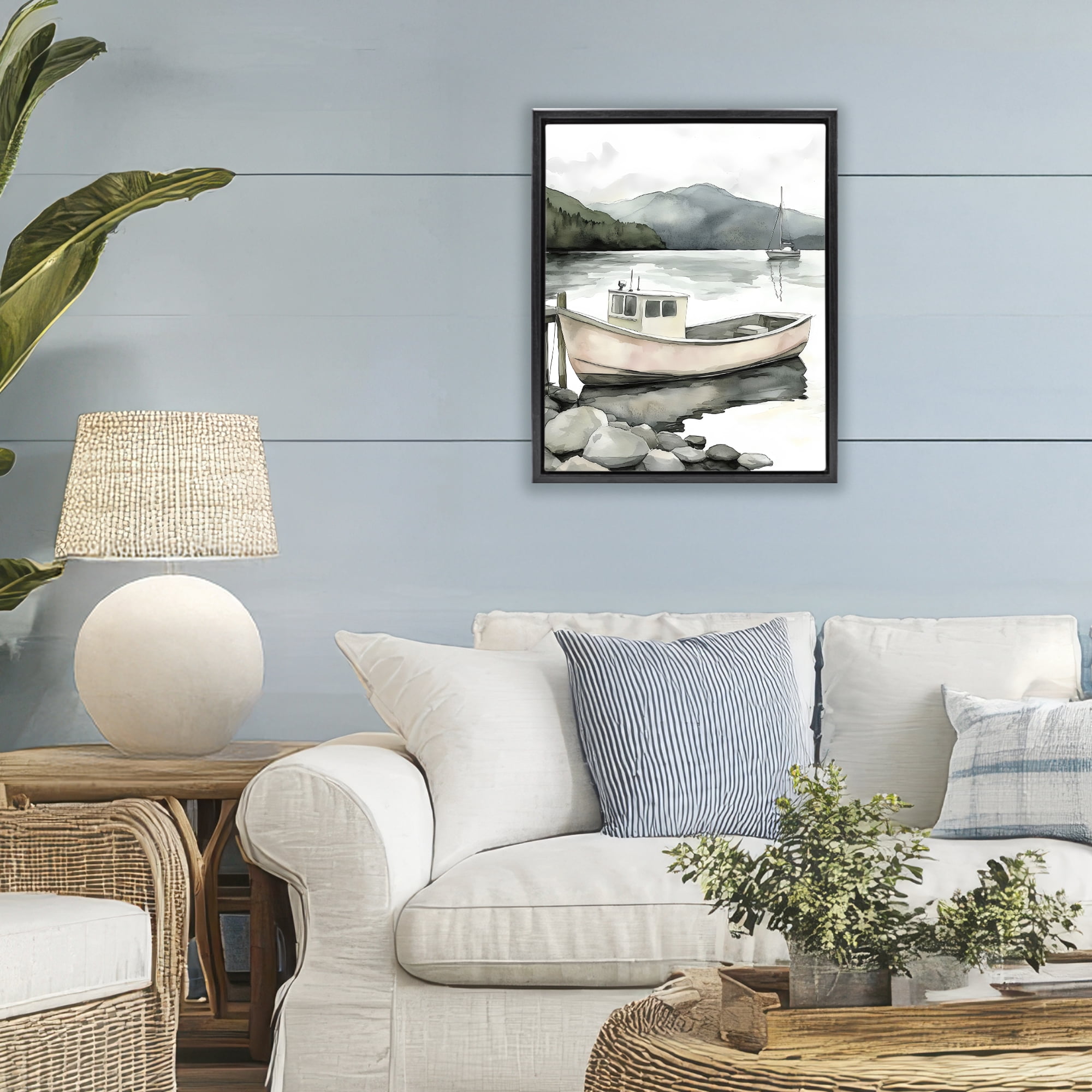 Stupell Industries Coastal Calm Docked Boat Black Framed Floater Canvas Wall Art, design by Riley B